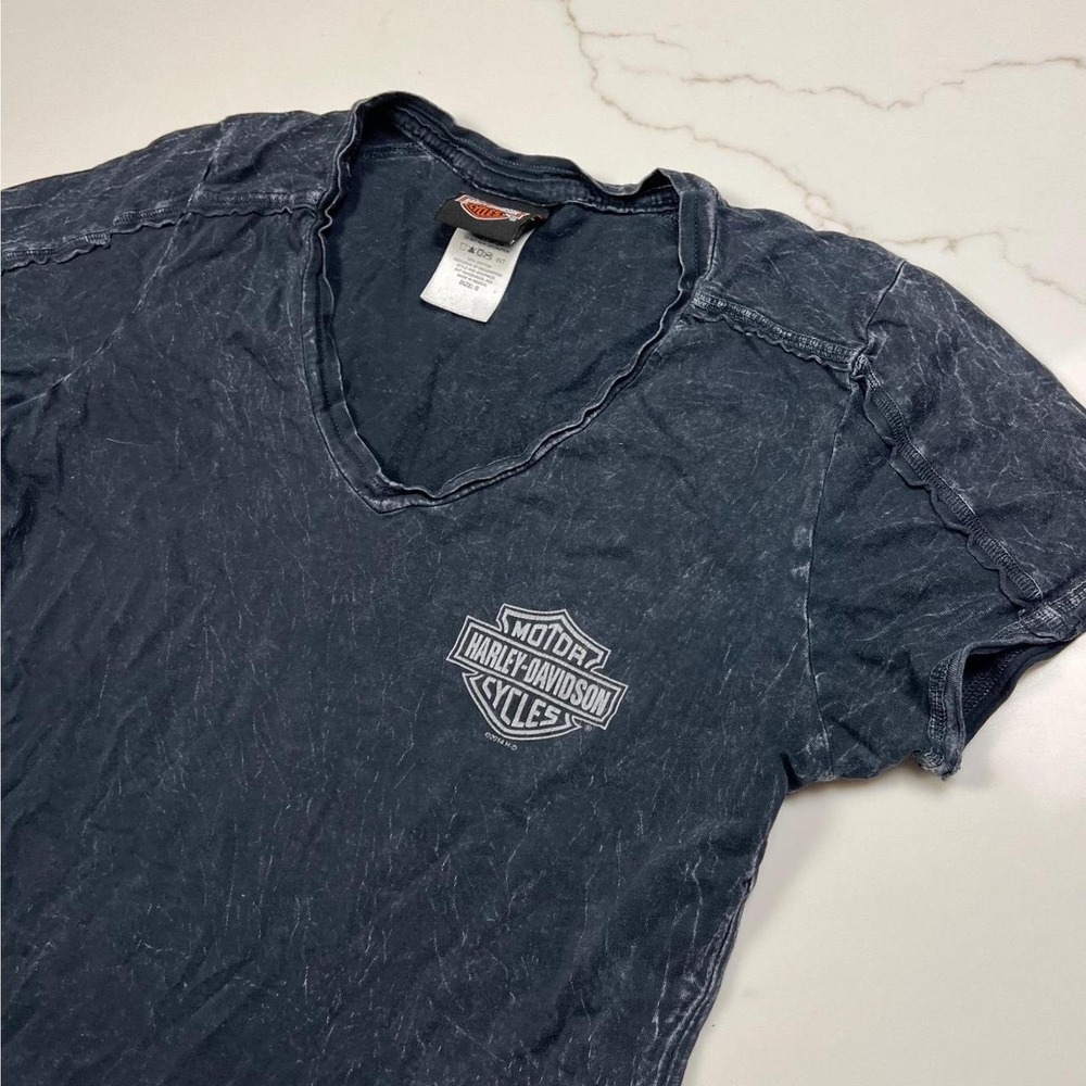 Harley-Davidson T-Shirt Womens Small Sturgis 76 Acid Wash V-Neck Charcoal Grey